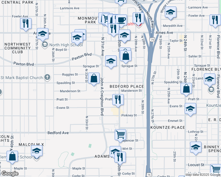 map of restaurants, bars, coffee shops, grocery stores, and more near 3012 Manderson Street in Omaha
