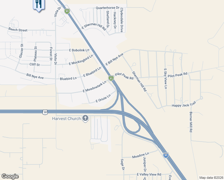 map of restaurants, bars, coffee shops, grocery stores, and more near 4626 East Oriole Lane in Laramie