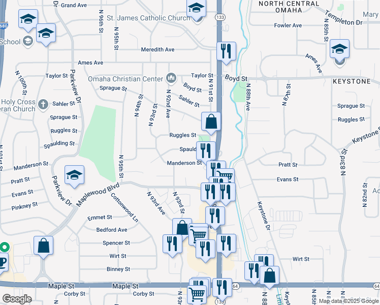 map of restaurants, bars, coffee shops, grocery stores, and more near 9225 Spaulding Street in Omaha