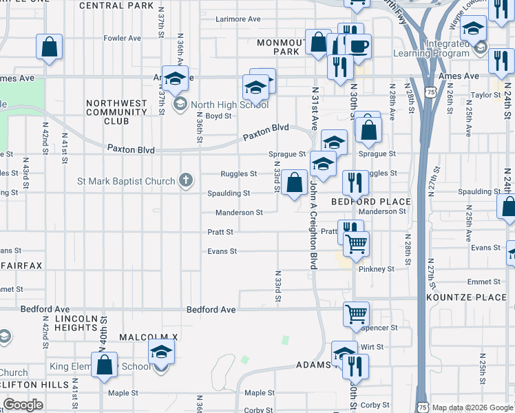 map of restaurants, bars, coffee shops, grocery stores, and more near 3328 Manderson Street in Omaha