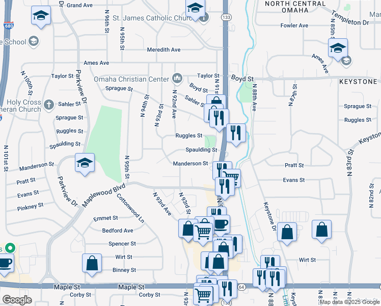 map of restaurants, bars, coffee shops, grocery stores, and more near 9225 Spaulding Street in Omaha