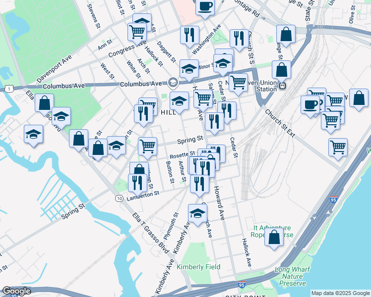 map of restaurants, bars, coffee shops, grocery stores, and more near 84 Dewitt Street in New Haven