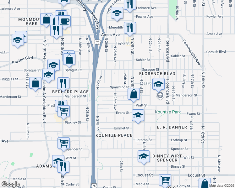 map of restaurants, bars, coffee shops, grocery stores, and more near 2444 Manderson Street in Omaha