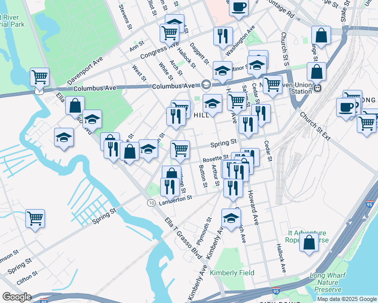 map of restaurants, bars, coffee shops, grocery stores, and more near 200 Spring Street in New Haven