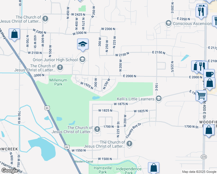 map of restaurants, bars, coffee shops, grocery stores, and more near 1958 North 225 West in Harrisville