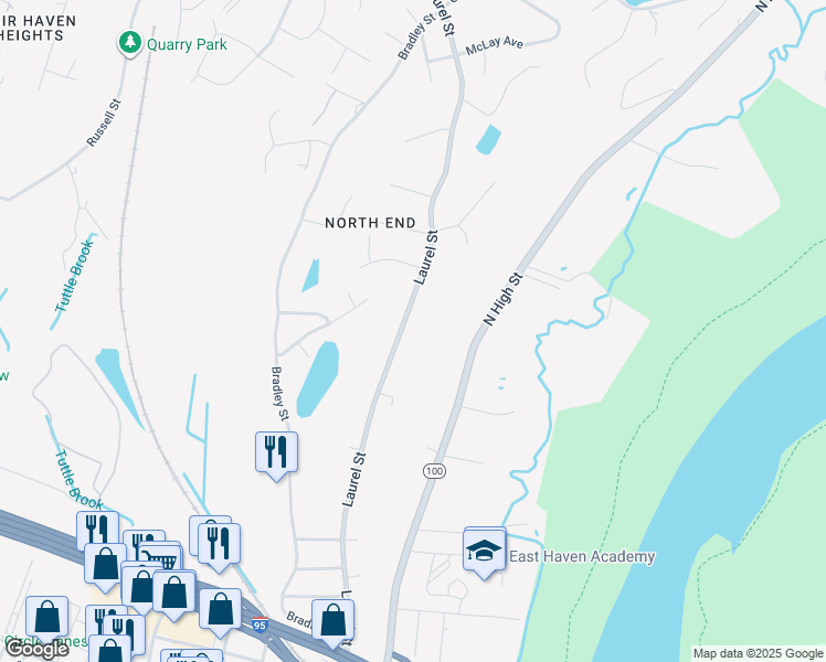map of restaurants, bars, coffee shops, grocery stores, and more near 297 Laurel Street in East Haven