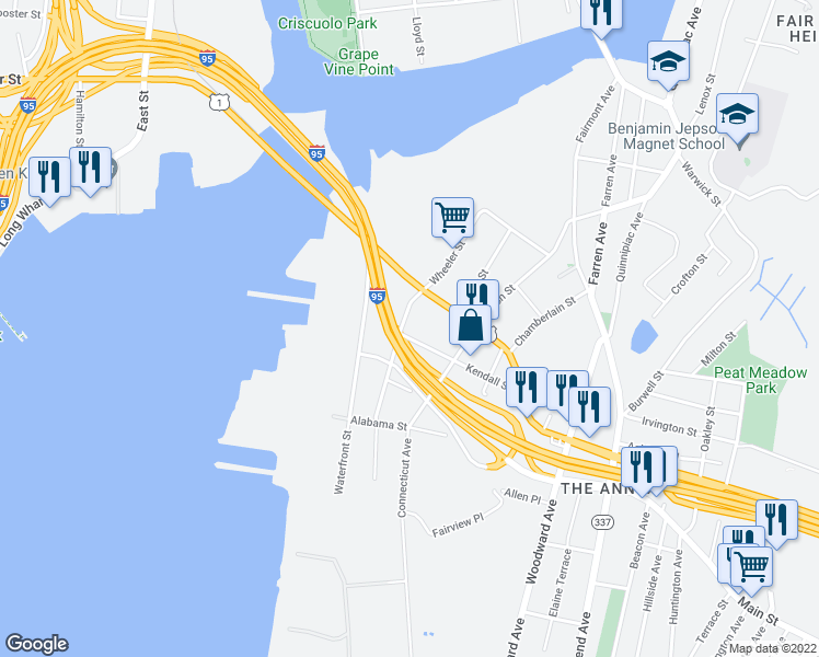 map of restaurants, bars, coffee shops, grocery stores, and more near 131 Stiles Street in New Haven