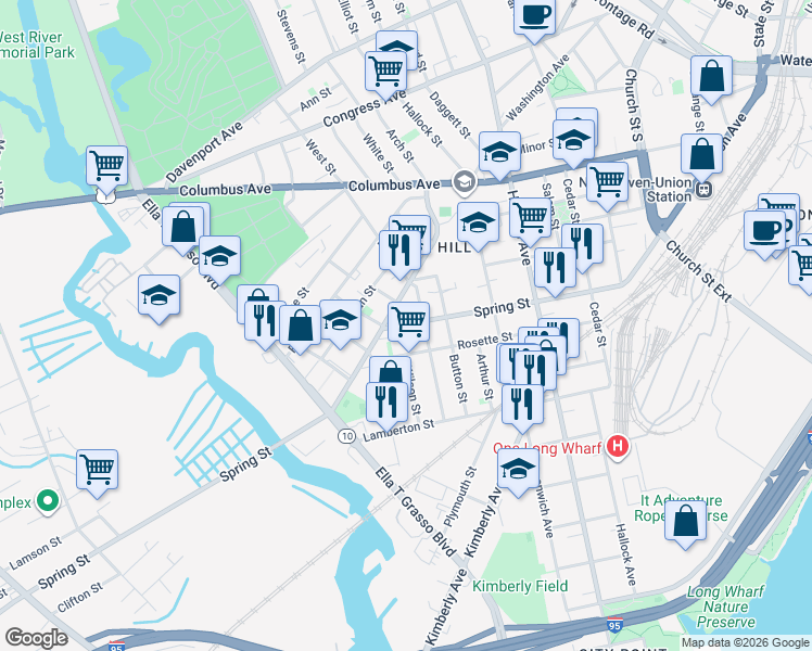 map of restaurants, bars, coffee shops, grocery stores, and more near in New Haven