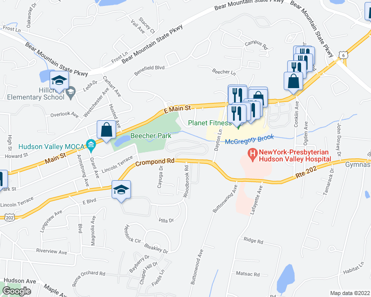 map of restaurants, bars, coffee shops, grocery stores, and more near 1840 Crompond Road in Peekskill