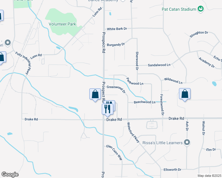 map of restaurants, bars, coffee shops, grocery stores, and more near 16998 Greenwood Drive in Strongsville