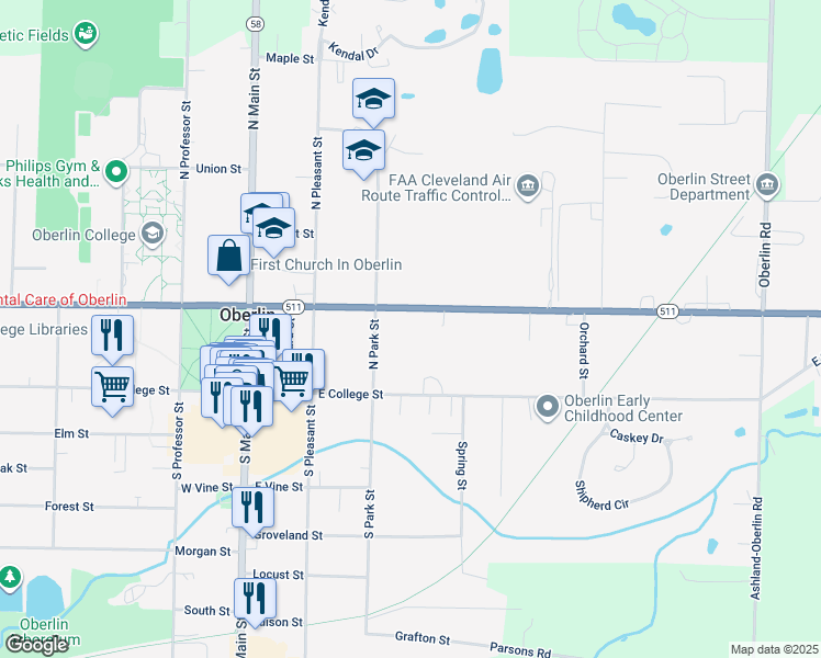map of restaurants, bars, coffee shops, grocery stores, and more near 181 East Lorain Street in Oberlin