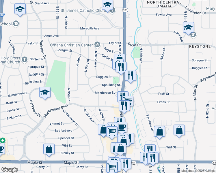 map of restaurants, bars, coffee shops, grocery stores, and more near 9225 Spaulding Street in Omaha