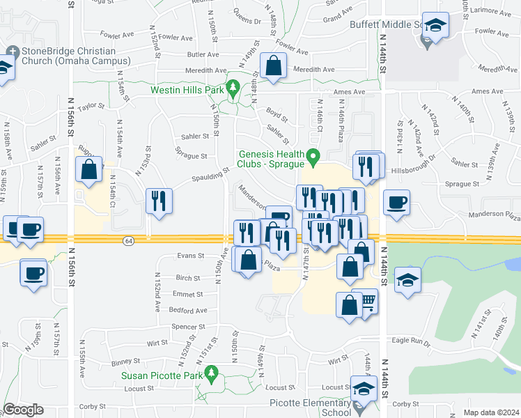 map of restaurants, bars, coffee shops, grocery stores, and more near 14821 Manderson Plaza in Omaha