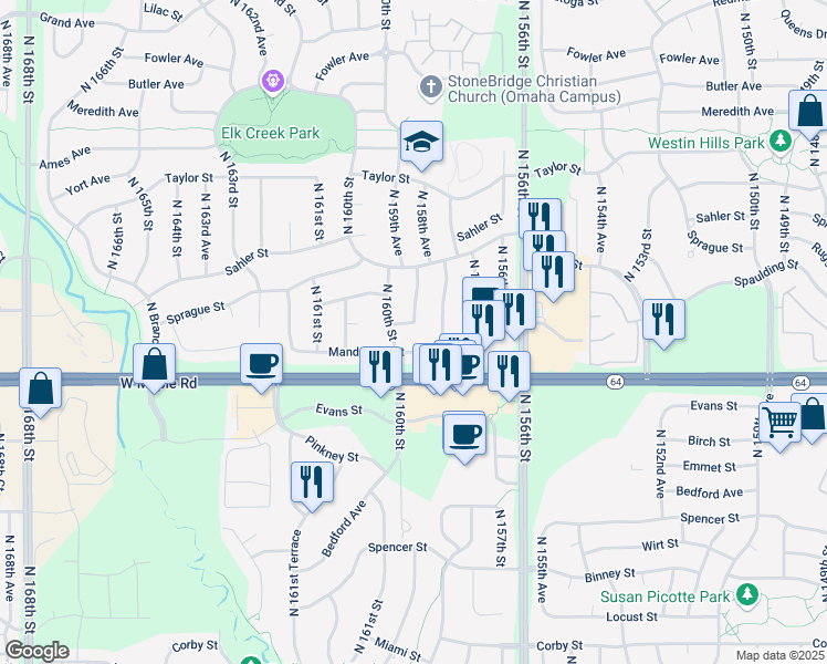 map of restaurants, bars, coffee shops, grocery stores, and more near 15919 Spaulding Street in Omaha