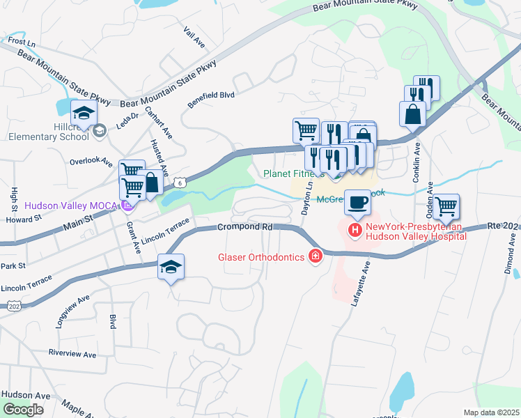 map of restaurants, bars, coffee shops, grocery stores, and more near 1840 Crompond Road in Peekskill