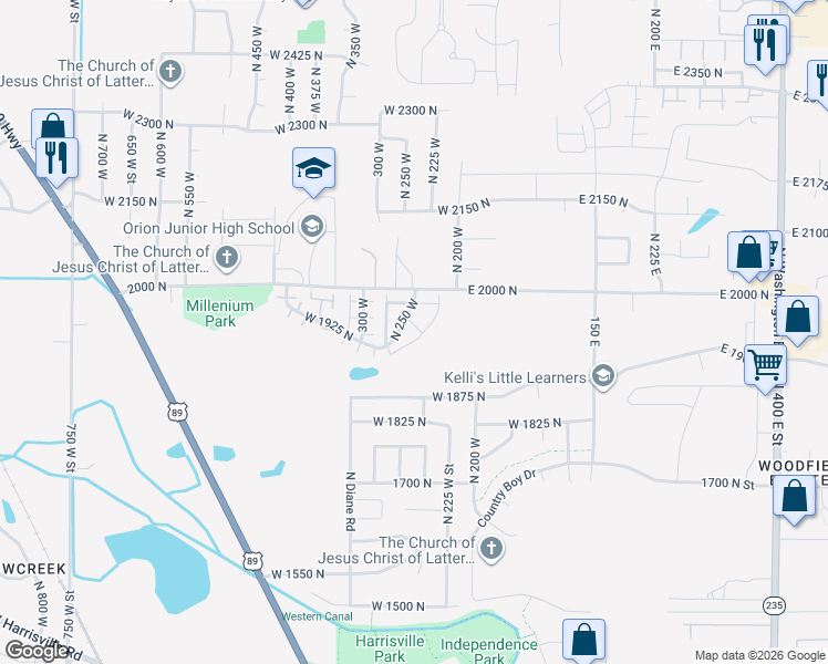 map of restaurants, bars, coffee shops, grocery stores, and more near 1958 North 225 West in Harrisville