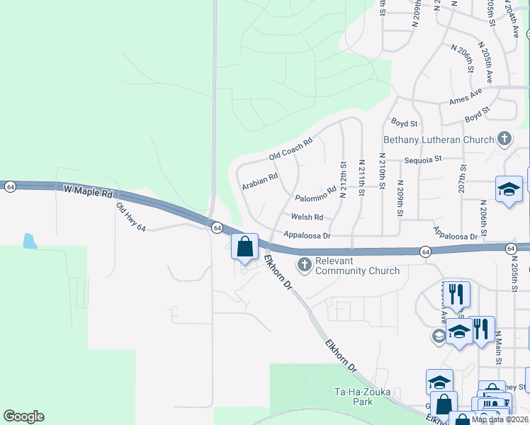 map of restaurants, bars, coffee shops, grocery stores, and more near 3805 North 215th Circle in Omaha