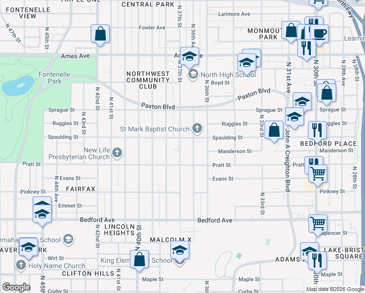 map of restaurants, bars, coffee shops, grocery stores, and more near 3743 North 37th Street in Omaha