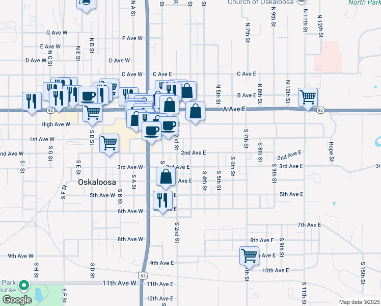 map of restaurants, bars, coffee shops, grocery stores, and more near 301 South 3rd Street in Oskaloosa