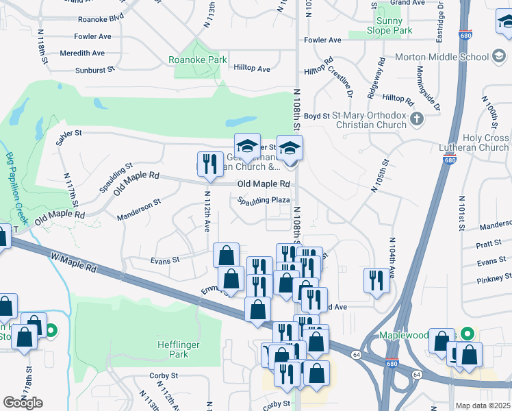 map of restaurants, bars, coffee shops, grocery stores, and more near 10917 Spaulding Plaza in Omaha