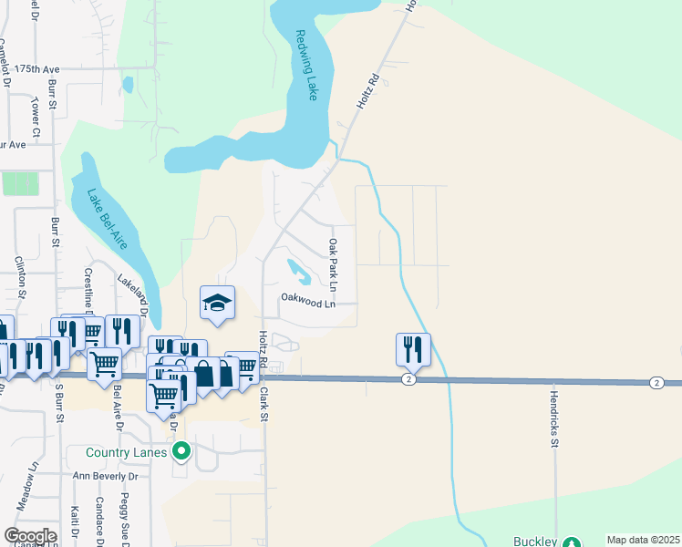 map of restaurants, bars, coffee shops, grocery stores, and more near 17915 Oak Park Lane in Lowell