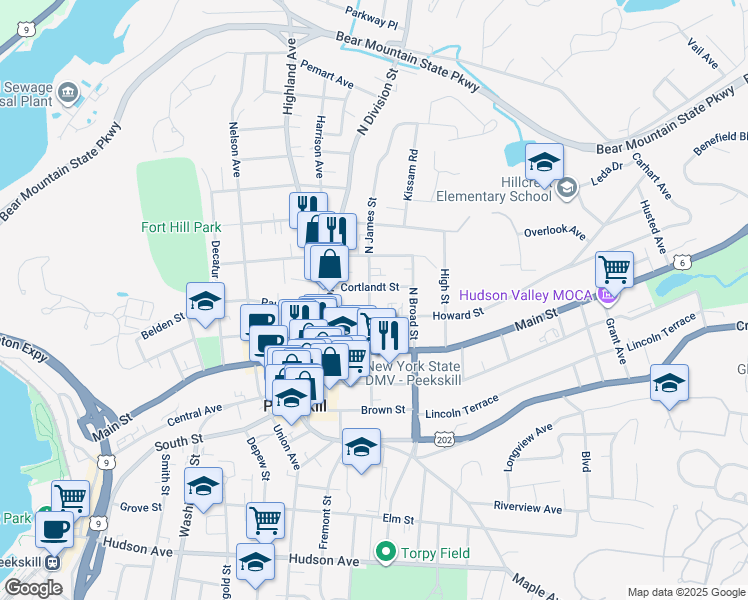 map of restaurants, bars, coffee shops, grocery stores, and more near 219 North James Street in Peekskill