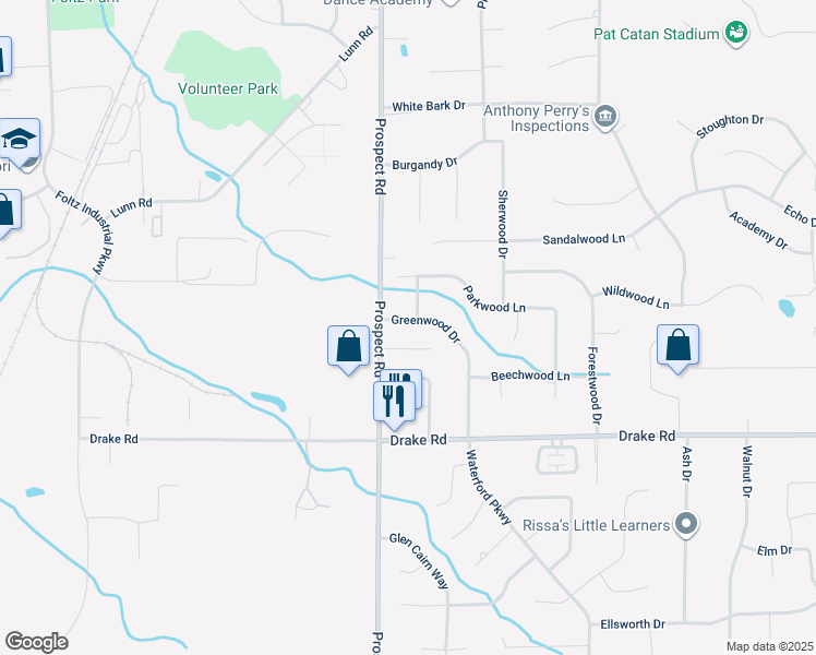 map of restaurants, bars, coffee shops, grocery stores, and more near 16998 Greenwood Drive in Strongsville