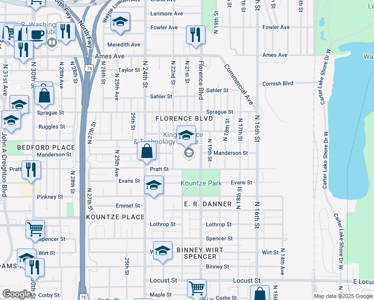 map of restaurants, bars, coffee shops, grocery stores, and more near 3720 Florence Boulevard in Omaha