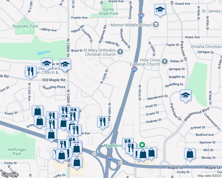 map of restaurants, bars, coffee shops, grocery stores, and more near 3826 North 104th Avenue in Omaha