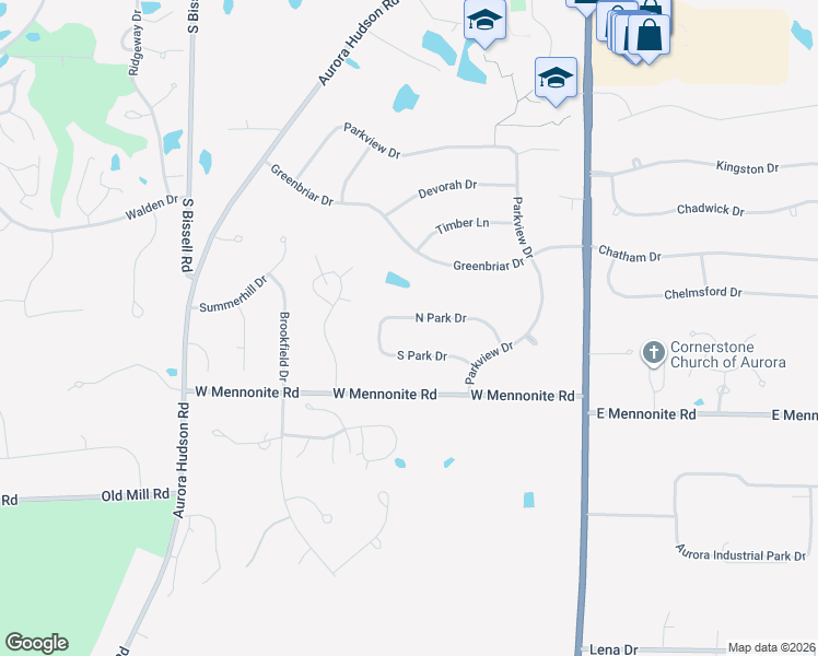 map of restaurants, bars, coffee shops, grocery stores, and more near 177 North Park Drive in Aurora