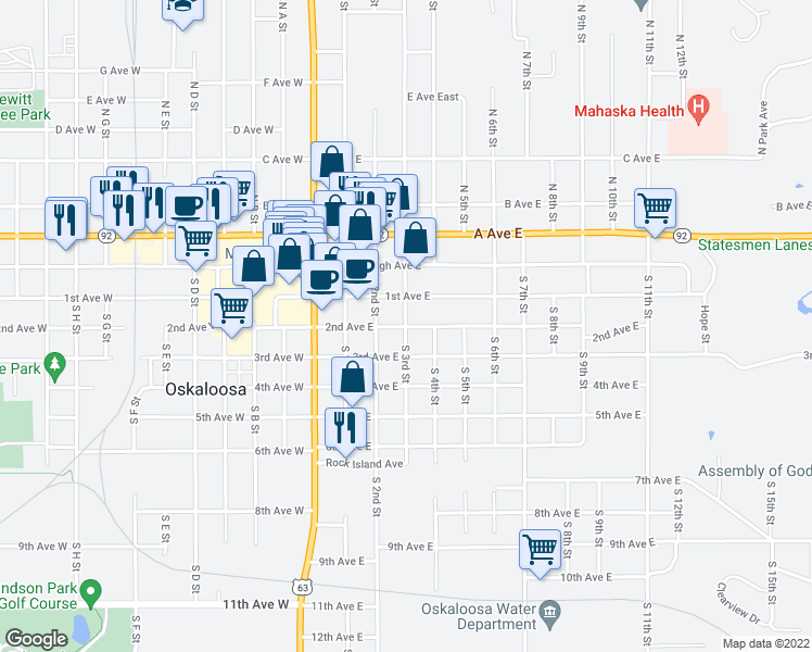 map of restaurants, bars, coffee shops, grocery stores, and more near 2nd Avenue East in Oskaloosa