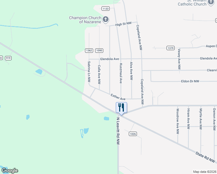 map of restaurants, bars, coffee shops, grocery stores, and more near 5065 Craig Avenue Northwest in Warren