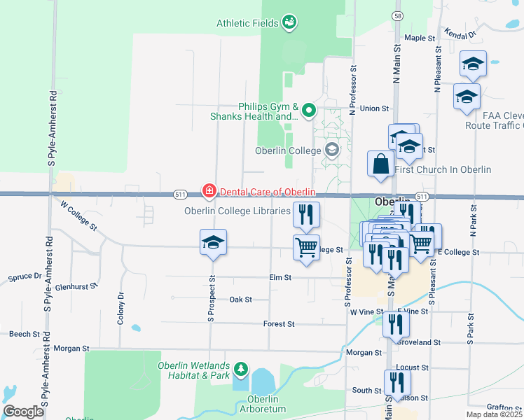 map of restaurants, bars, coffee shops, grocery stores, and more near 64 North Cedar Street in Oberlin