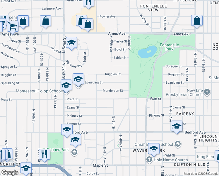 map of restaurants, bars, coffee shops, grocery stores, and more near 4848 Manderson Street in Omaha