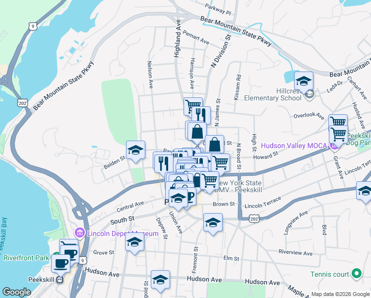 map of restaurants, bars, coffee shops, grocery stores, and more near 956 Paulding Street in Peekskill