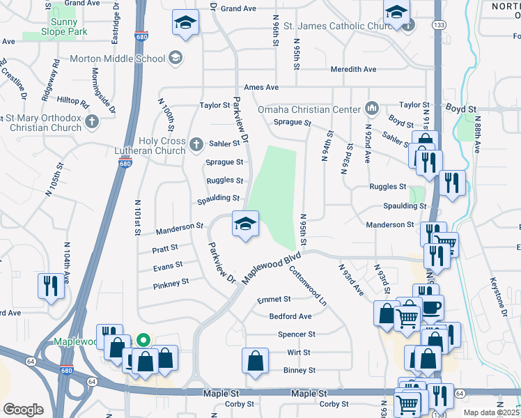 map of restaurants, bars, coffee shops, grocery stores, and more near 3865 Parkview Drive in Omaha