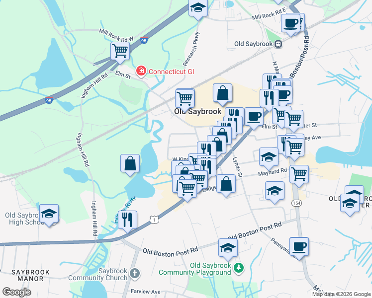 map of restaurants, bars, coffee shops, grocery stores, and more near 18 Green Meadow Road in Old Saybrook