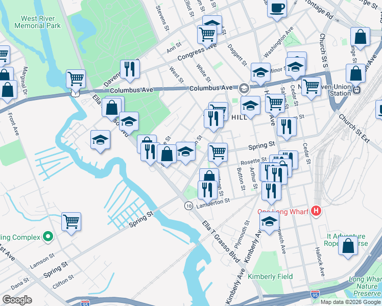 map of restaurants, bars, coffee shops, grocery stores, and more near 82 Truman Street in New Haven