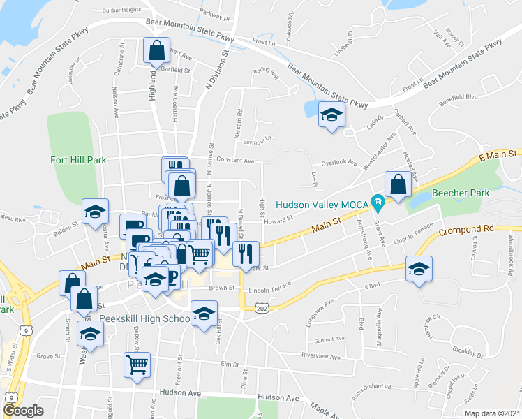 map of restaurants, bars, coffee shops, grocery stores, and more near 214 High Street in Peekskill