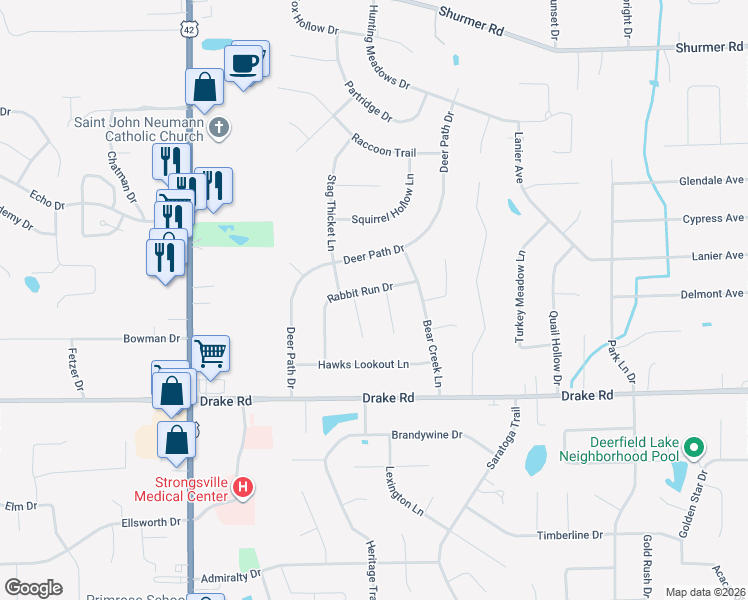 map of restaurants, bars, coffee shops, grocery stores, and more near 17150 Rabbit Run Drive in Strongsville