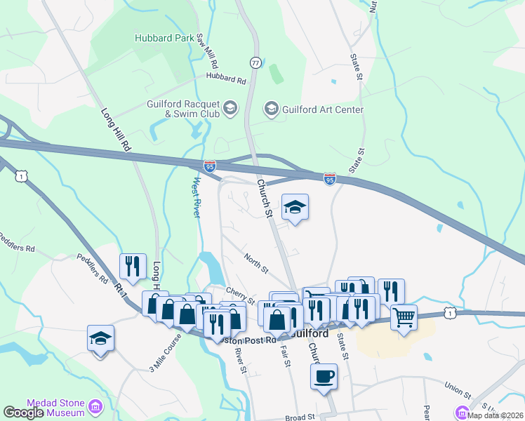 map of restaurants, bars, coffee shops, grocery stores, and more near 280 Church Street in Guilford