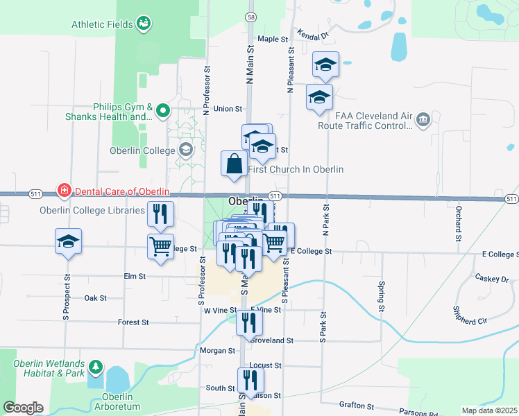 map of restaurants, bars, coffee shops, grocery stores, and more near 87 North Main Street in Oberlin