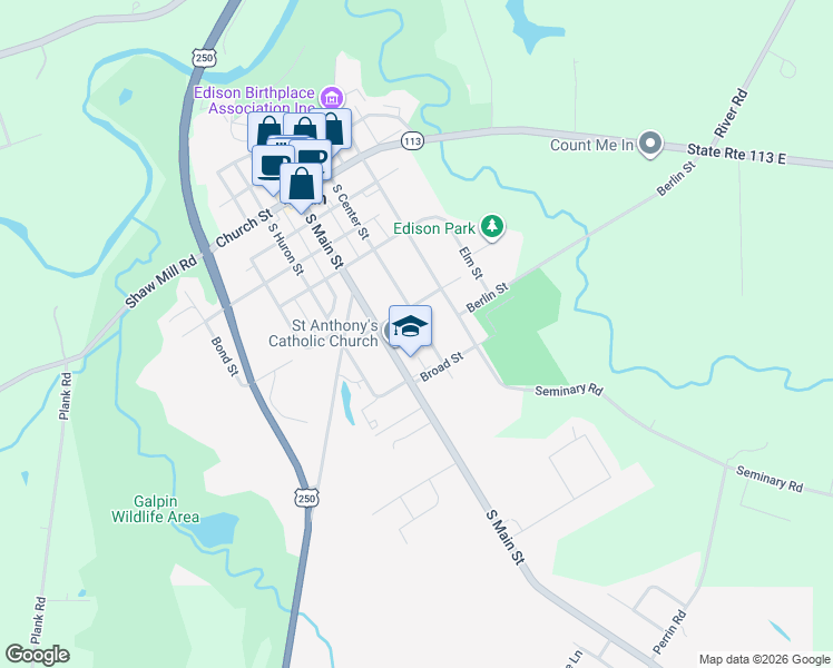 map of restaurants, bars, coffee shops, grocery stores, and more near 145 South Center Street in Milan