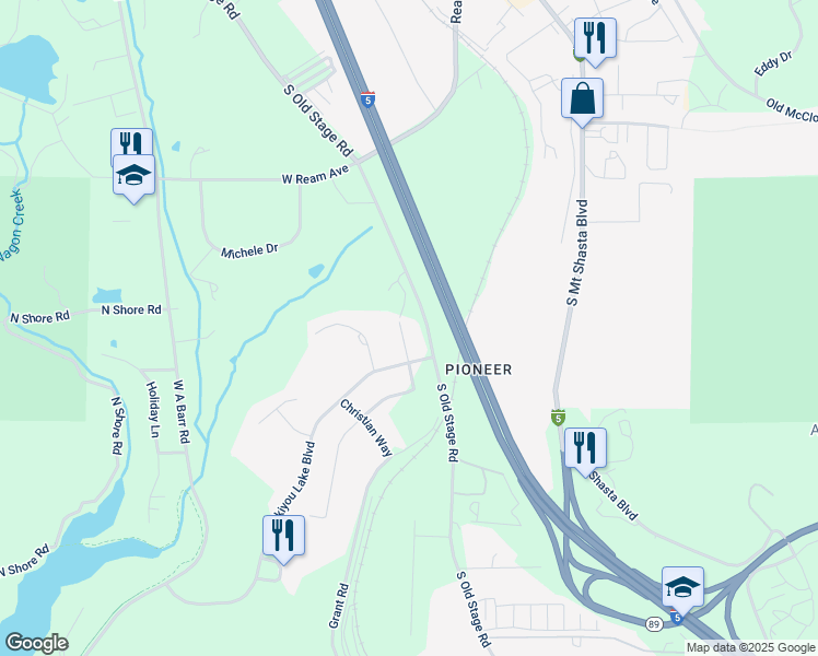 map of restaurants, bars, coffee shops, grocery stores, and more near 514 Clea Lane in Mount Shasta