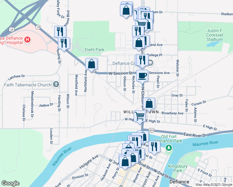 map of restaurants, bars, coffee shops, grocery stores, and more near 510 Ralston Avenue in Defiance