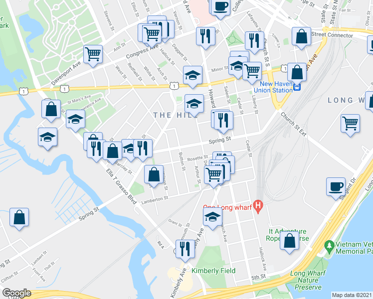 map of restaurants, bars, coffee shops, grocery stores, and more near 160 Spring Street in New Haven