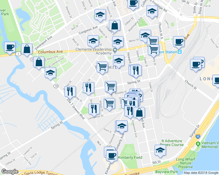 map of restaurants, bars, coffee shops, grocery stores, and more near 190 Spring Street in New Haven
