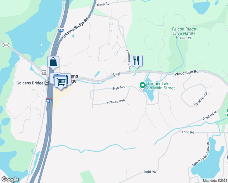 map of restaurants, bars, coffee shops, grocery stores, and more near 18 Hall Avenue in Goldens Bridge