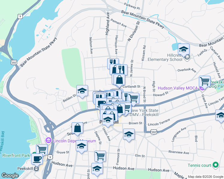 map of restaurants, bars, coffee shops, grocery stores, and more near 956 Paulding Street in Peekskill
