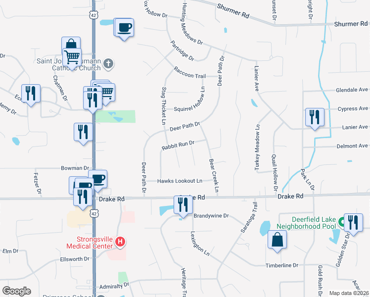 map of restaurants, bars, coffee shops, grocery stores, and more near 17150 Rabbit Run Drive in Strongsville